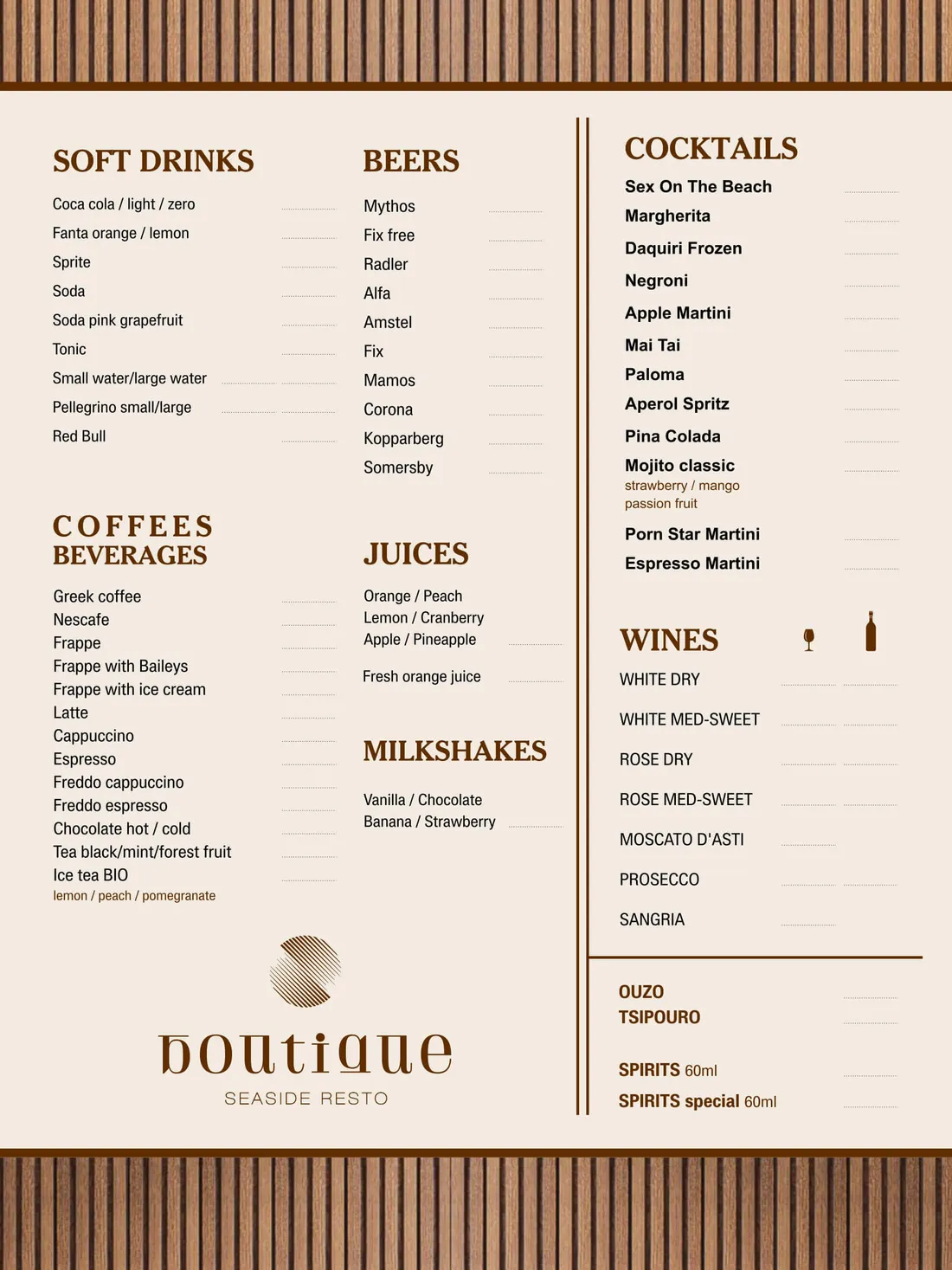 food menu boutique seaside resto
