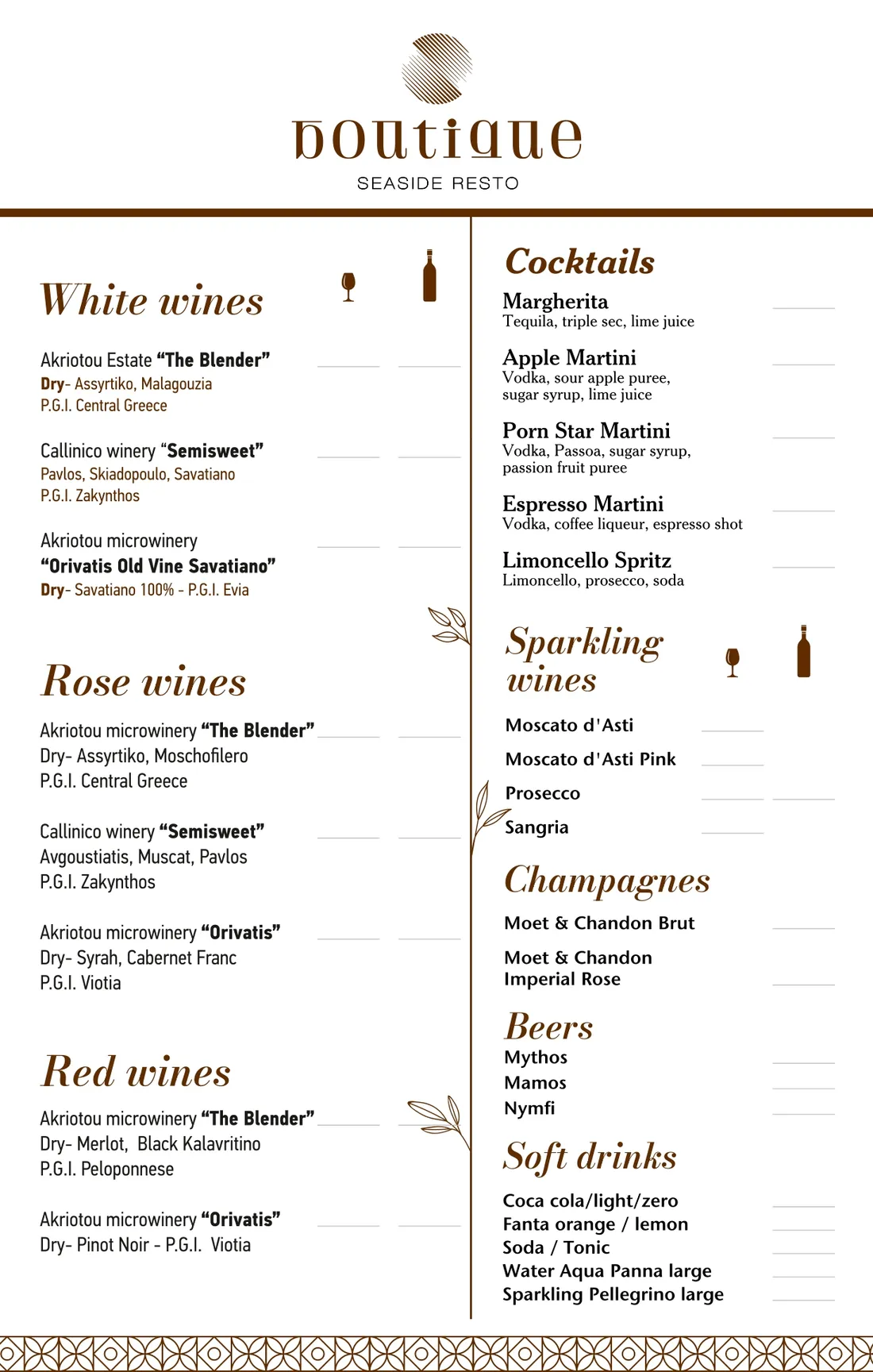 food menu boutique seaside resto