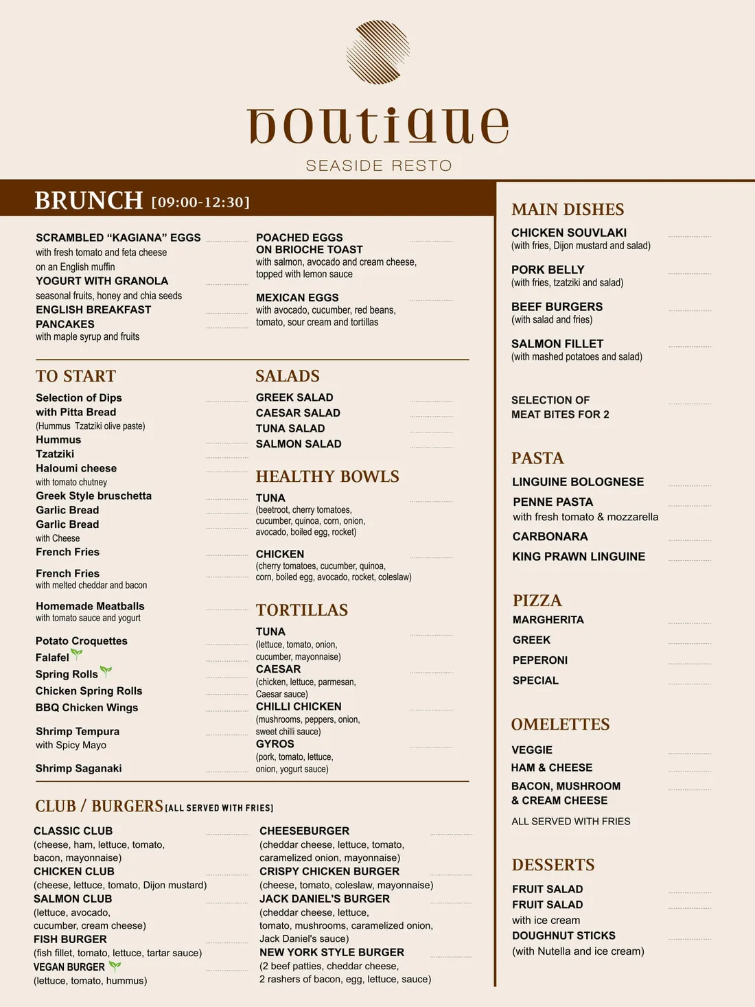food menu boutique seaside resto