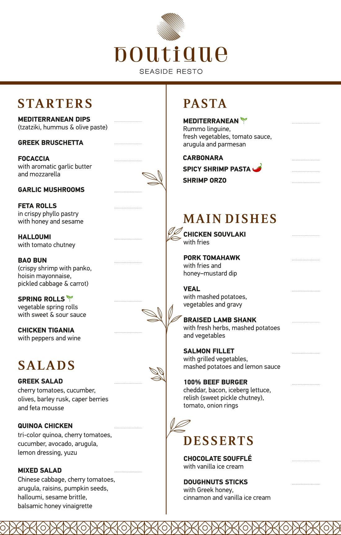 food menu boutique seaside resto