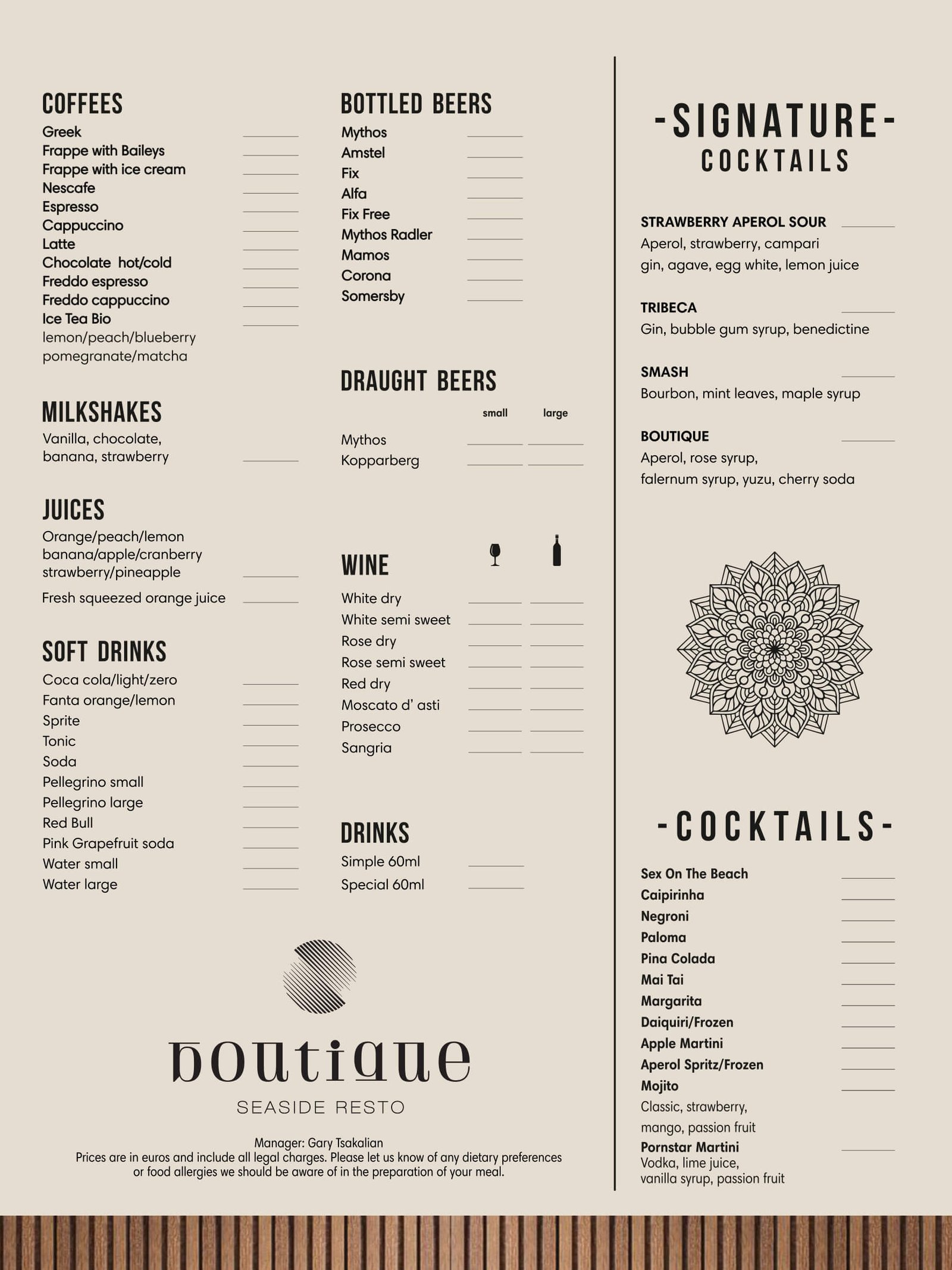 drinks menu boutique seaside resto