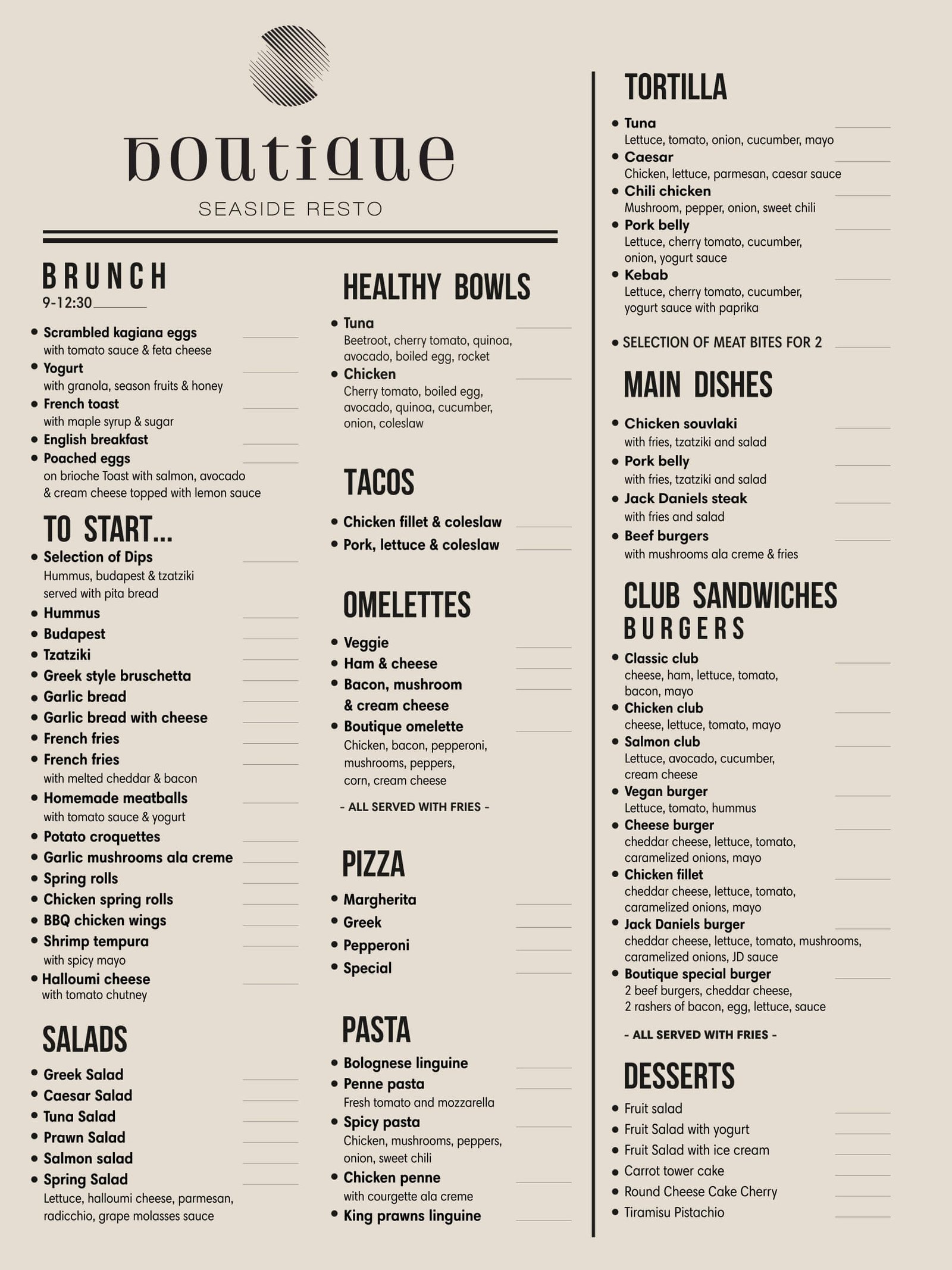 food menu boutique seaside resto